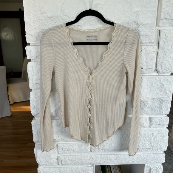 UO Urban Outfitters Lace Trim Ribbed Dainty Cream Cardigan - Picture 1 of 9